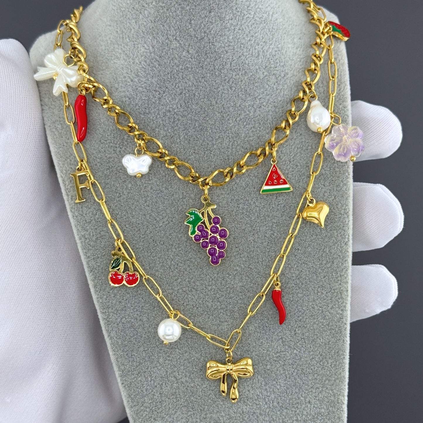 Grape Necklace, 18K Gold Plated Steel