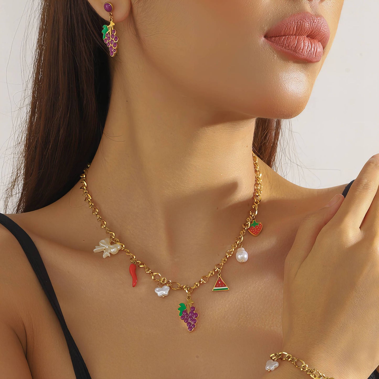 Grape Earrings, 18K Gold Plated Steel